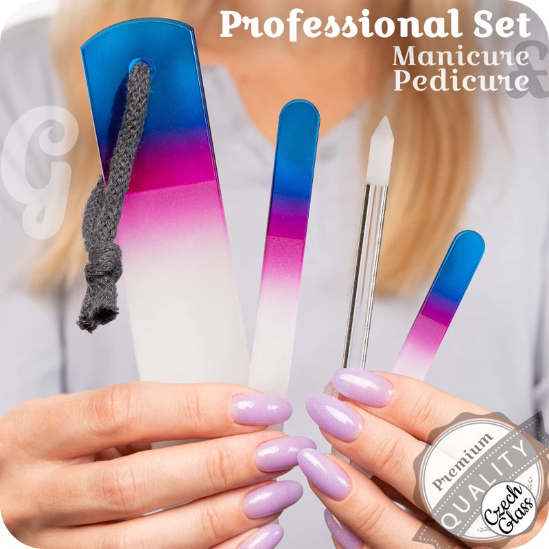 GLADZY Genuine Czech Glass Nail File Set - Callus Remover Foot Rasp, Cuticle Pusher Manicure Stick, Double Sided Etched Different Grit Surface, Professional Nail Care Tool, Made in EU - Image 2